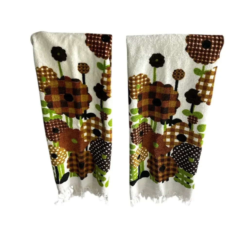 Vintage Royal Terry‎ 100% Cotton Retro Floral Print Towel Set of 2 USA
